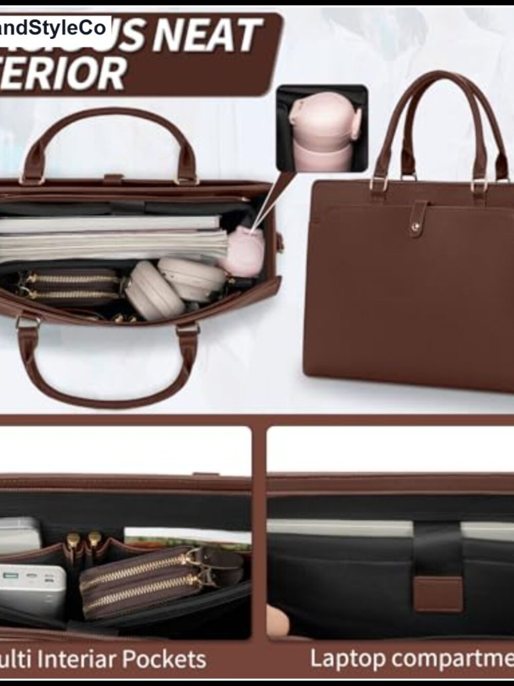 Large PU Leather Laptop Tote Bag Fits 17.3in Computer Business Work - Picture 5 of 6